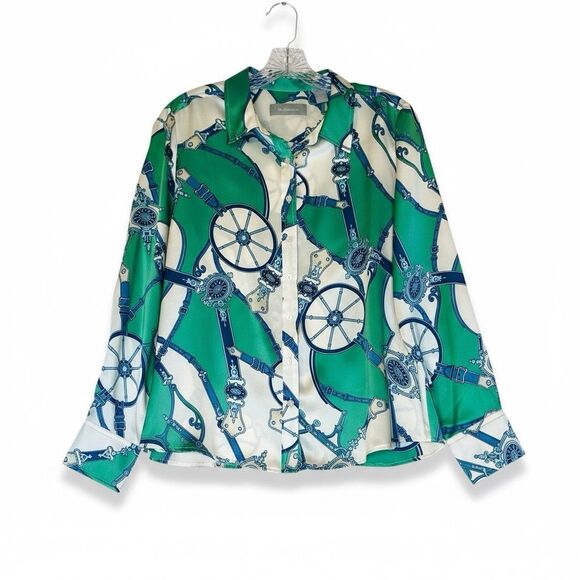 Vintage Liz Claiborne Silk Blouse Button 12P Green White Long Sleeve Equestrian - Picture 1 of 9